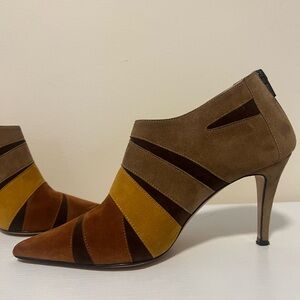Suede Brown and Yellow Heeled Boots with Striped Design Made in Italy